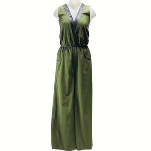 SAVANNAH RAE Jumpsuit Women's Size S Sleeveless Faux Leather Trim Olive NEW